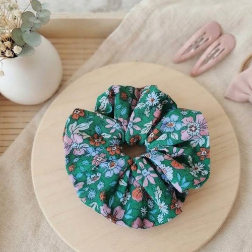 Chouchou fille coton vert motifs fleurs