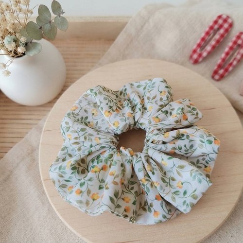 Chouchou fille coton blanc motifs fleurs oranges