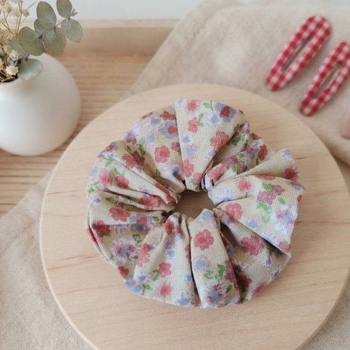 Chouchou fille coton beige motifs fleurs