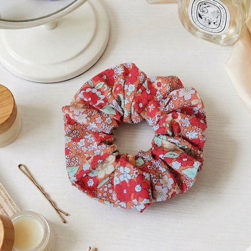 Chouchou coton fleurs rouges et oranges