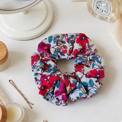 Chouchou coton beige fleurs rouges
