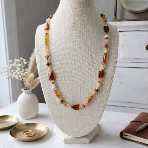 Collier sautoir perles en verre tons marron et ambre