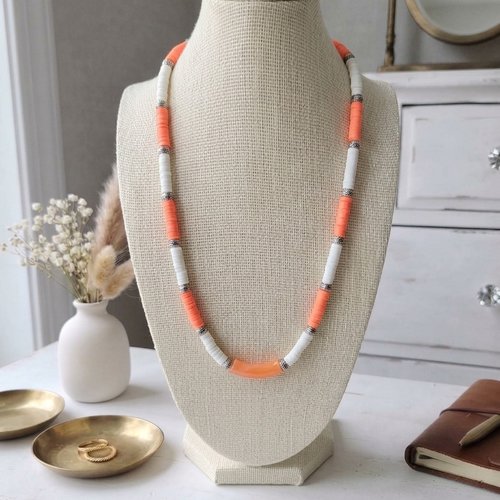 Collier perles heishi blanc et orange