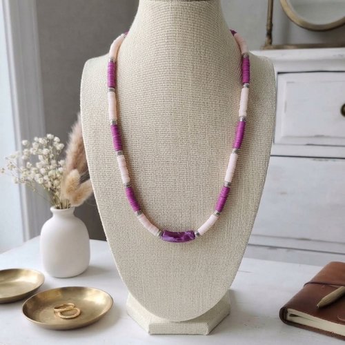 Collier perles heishi saumon clair et violet prune