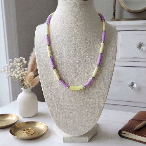 Collier perles heishi jaune et lilas