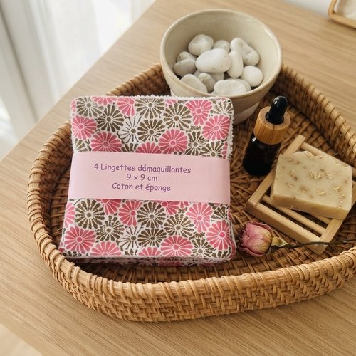 Lot de 4 lingettes démaquillantes coton imprimé et éponge