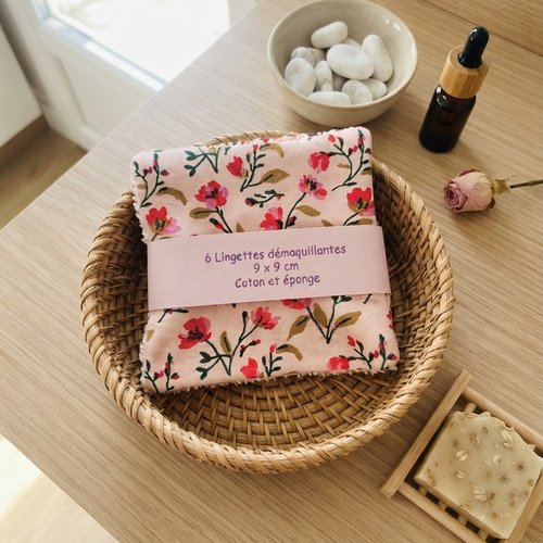 Lot de 6 lingettes démaquillantes coton imprimé et éponge
