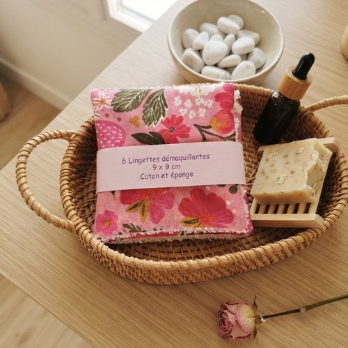 Lot de 6 lingettes démaquillantes coton imprimé et éponge