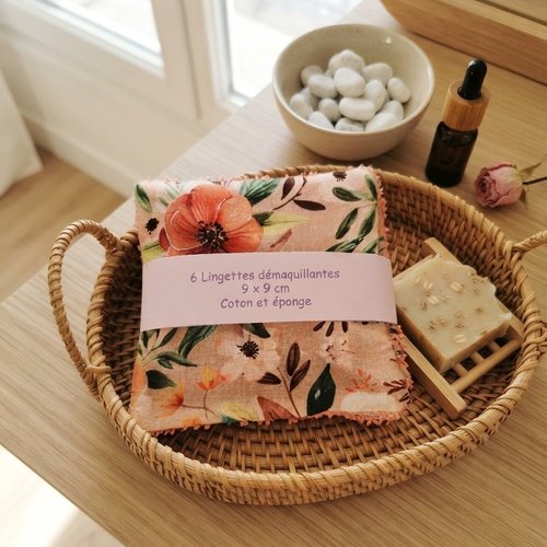 Lot de 6 lingettes démaquillantes coton imprimé et éponge
