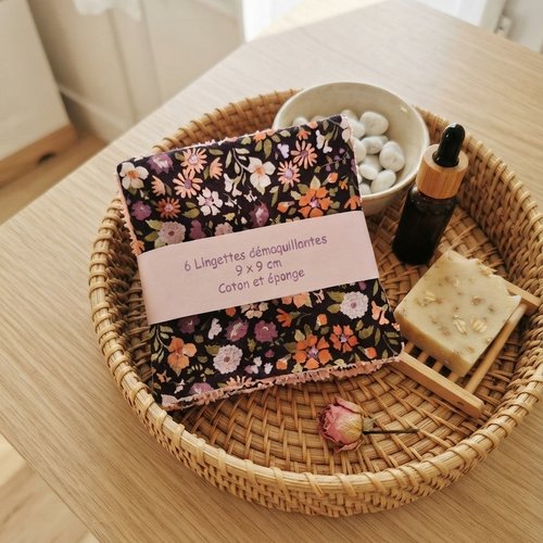 Lot de 6 lingettes démaquillantes coton imprimé et éponge