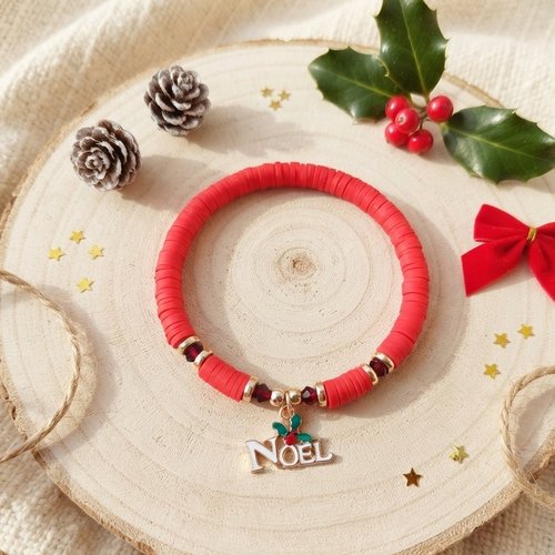 Bracelet perles heishi rouges avec breloque de noël