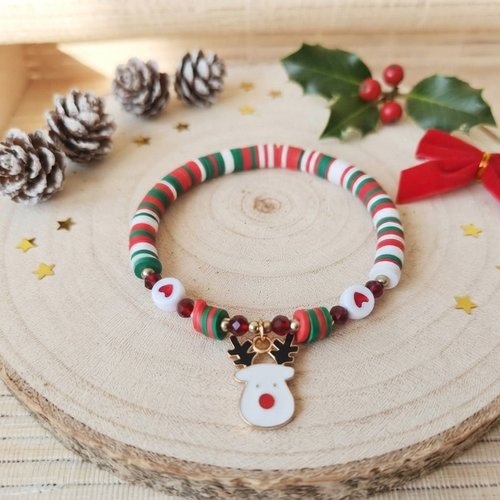 Bracelet perles heishi rouge, blanc et vertes avec breloque de noël