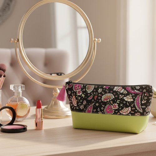 Trousse à maquillage simili cuir et coton noir fleuri