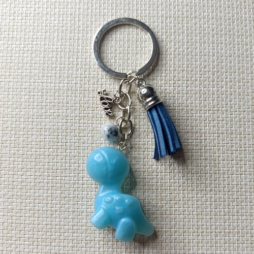 Porte-clés artisanal "dino love" — bleu & pompon