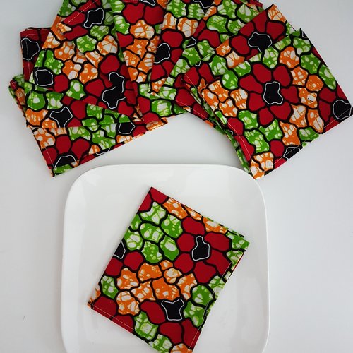 Lot  de 10 serviettes de table tissu wax rouge et vert