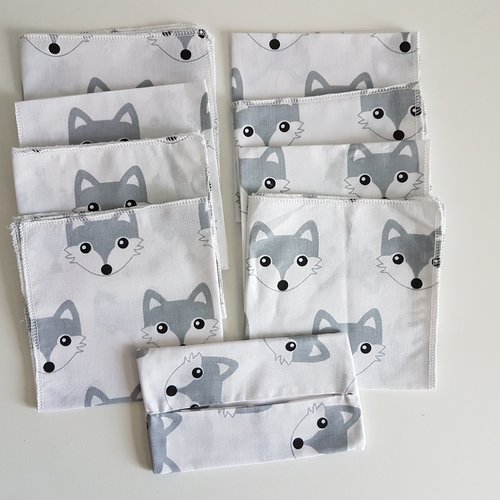 Lot de 8 mouchoirs enfant avec 1 etui - tissu lavable (thème : renards)