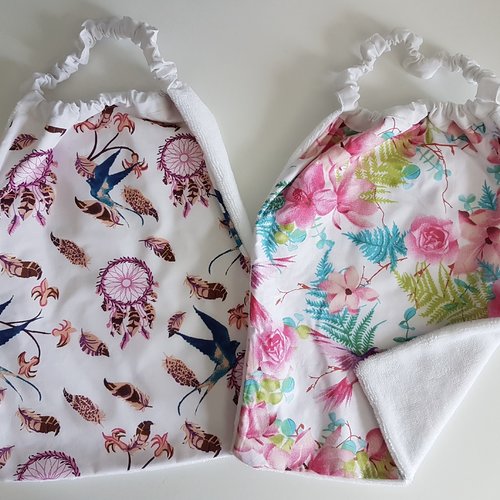 2 serviettes de table - grands bavoirs serviettes pour cantine, maternelle, école et loisirs (thème : oiseaux et fleurs)