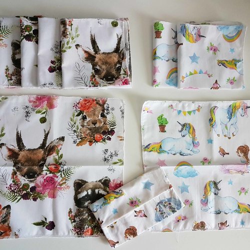 Lot de 9 mouchoirs enfant avec étui - tissu lavable (thème : animaux de la forêt, licornes et fées)