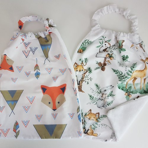 2 serviettes de table - grands bavoirs, serviettes pour cantine, maternelle, école, loisirs (thème : renards et animaux de la forêt)