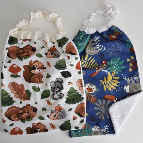2 serviettes de table - grands bavoirs, serviettes pour cantine, maternelle, école, loisirs (thème : animaux de forêt et forêt tropicale