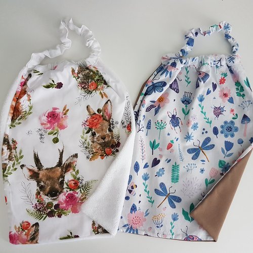 2 serviettes de table - grands bavoirs, serviettes pour cantine, maternelle, école, loisirs (thème : animaux de la forêt et libéllules)