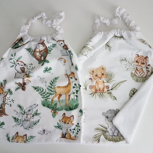 2 serviettes de table - grands bavoirs, serviettes pour cantine, maternelle, école, loisirs (thème : animaux de la forêt et de la jungle)