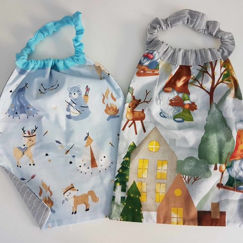 2 serviettes de table - grands bavoirs, serviettes pour cantine, maternelle, école, loisirs ( animaux de la forêt et lutins)