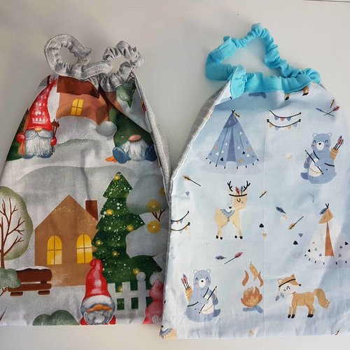 2 serviettes de table - grands bavoirs, serviettes pour cantine, maternelle, école, loisirs ( lutins et animaux de la forêt )