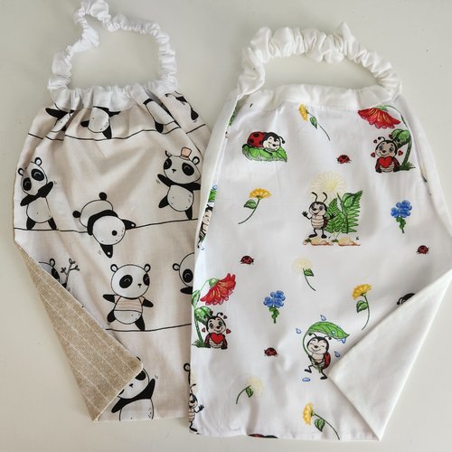 2 serviettes de table - grands bavoirs, serviettes cantine, maternelle, école, loisirs (thème : pandas et coccinelles)