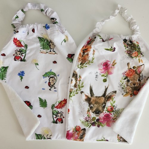 2 serviettes de table - grands bavoirs, serviettes cantine, maternelle, école, loisirs (thème : coccinelle, animaux de la forêt)