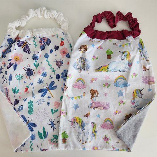 2 serviettes de table - grands bavoirs, serviettes cantine, maternelle, école, loisirs (thème : libéllules et licornes)