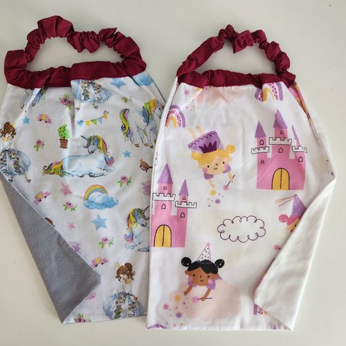 2 serviettes de table - grands bavoirs, serviettes cantine, maternelle, école, loisirs (thème : licornes et fées)