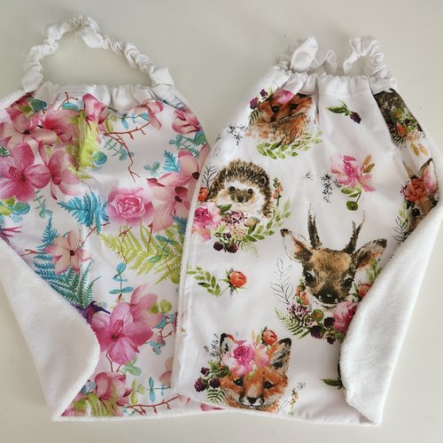 2 serviettes de table - grands bavoirs, serviettes cantine, maternelle, école, loisirs (thème : fleurs et animaux des bois)