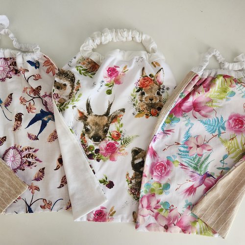3 serviettes de table - grands bavoirs, serviettes pour cantine, maternelle, école, loisirs (thème : oiseaux, animaux des bois, fleurs