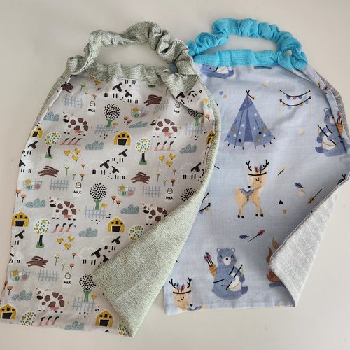 2 serviettes de table - grands bavoirs, serviettes cantine, maternelle, école, loisirs (thème : animaux de la ferme, ours et chevreuils