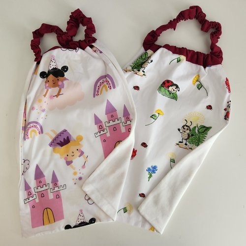 2 serviettes de table - grands bavoirs, serviettes cantine, maternelle, école, loisirs (thème : fées et coccinelles)
