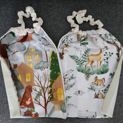 2 serviettes de table - grands bavoirs, serviettes cantine, maternelle, école, loisirs (thème : animaux de la forêt et lutin)