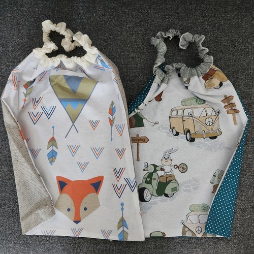 2 serviettes de table - grands bavoirs, serviettes cantine, maternelle, école, loisirs (thème : renard et voiture)