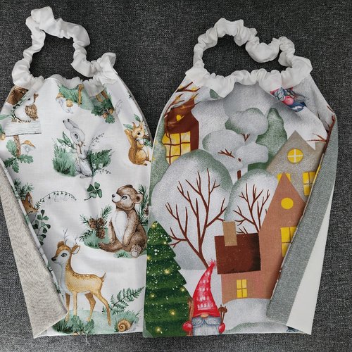 2 serviettes de table - grands bavoirs, serviettes cantine, maternelle, école, loisirs (thème : animaux de la forêt er nains)