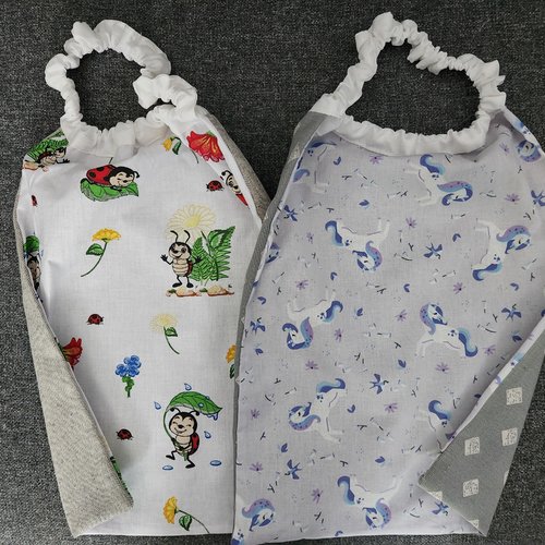 2 serviettes de table - grands bavoirs, serviettes cantine, maternelle, école, loisirs (thème : coccinelles et licornes)