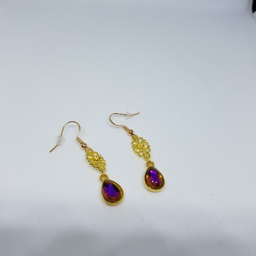 Boucles d'oreille pendantes goutte cristal rose violet et crochets argent 925 doré