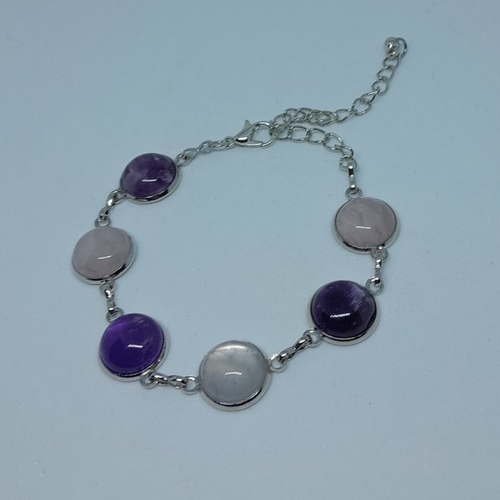 Bracelet réglable acier inoxydable quartz rose et améthyste création unique
