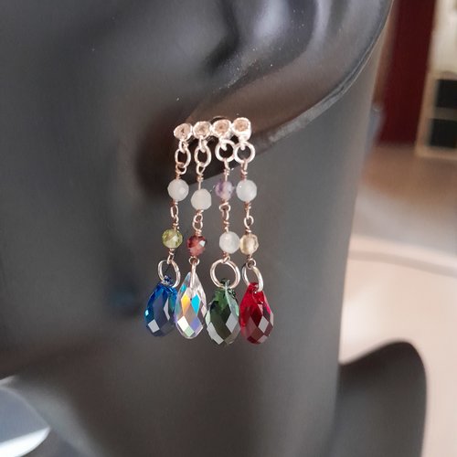 Boucles d'oreille multicolores argent zircons cristaux et gemmes création unique