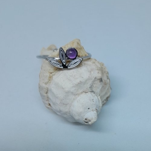 Bague fine réglable acier inoxydable fleur et améthyste création unique