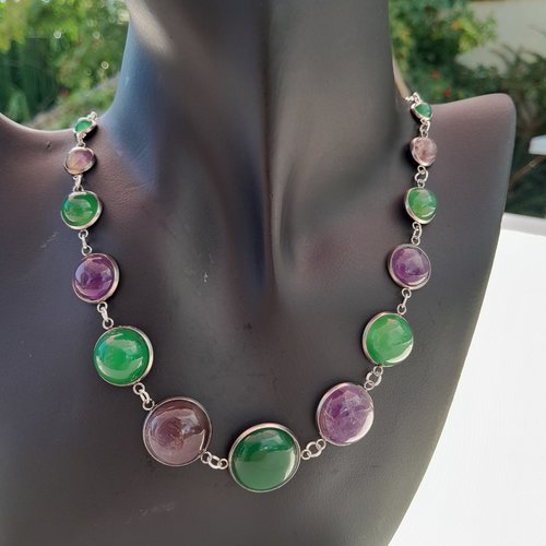 Collier plastron améthystes amazonites et acier création unique