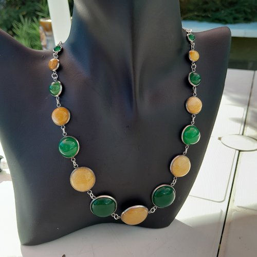Collier plastron aventurines jaunes amazonites et acier création unique
