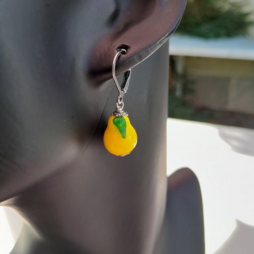 Boucles d'oreille fruits poires jaunes en verre et acier inoxydable