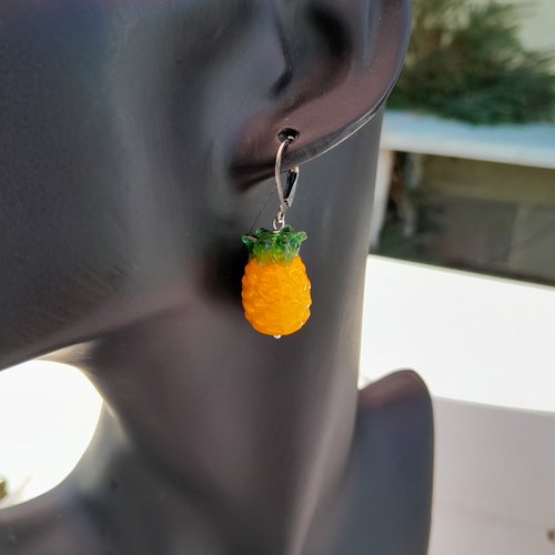 Boucles d'oreille fruits ananas en verre et acier inoxydable
