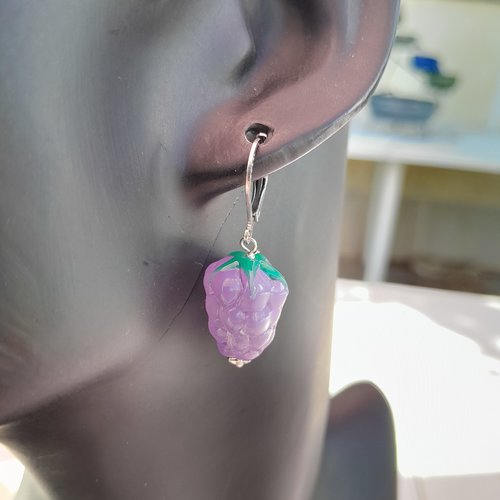 Boucles d'oreille fruits raisins en verre et acier inoxydable