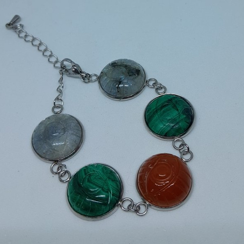 Bracelet en acier inoxydable 5 cabochons gravés en labradorites malachites cornaline pièce unique